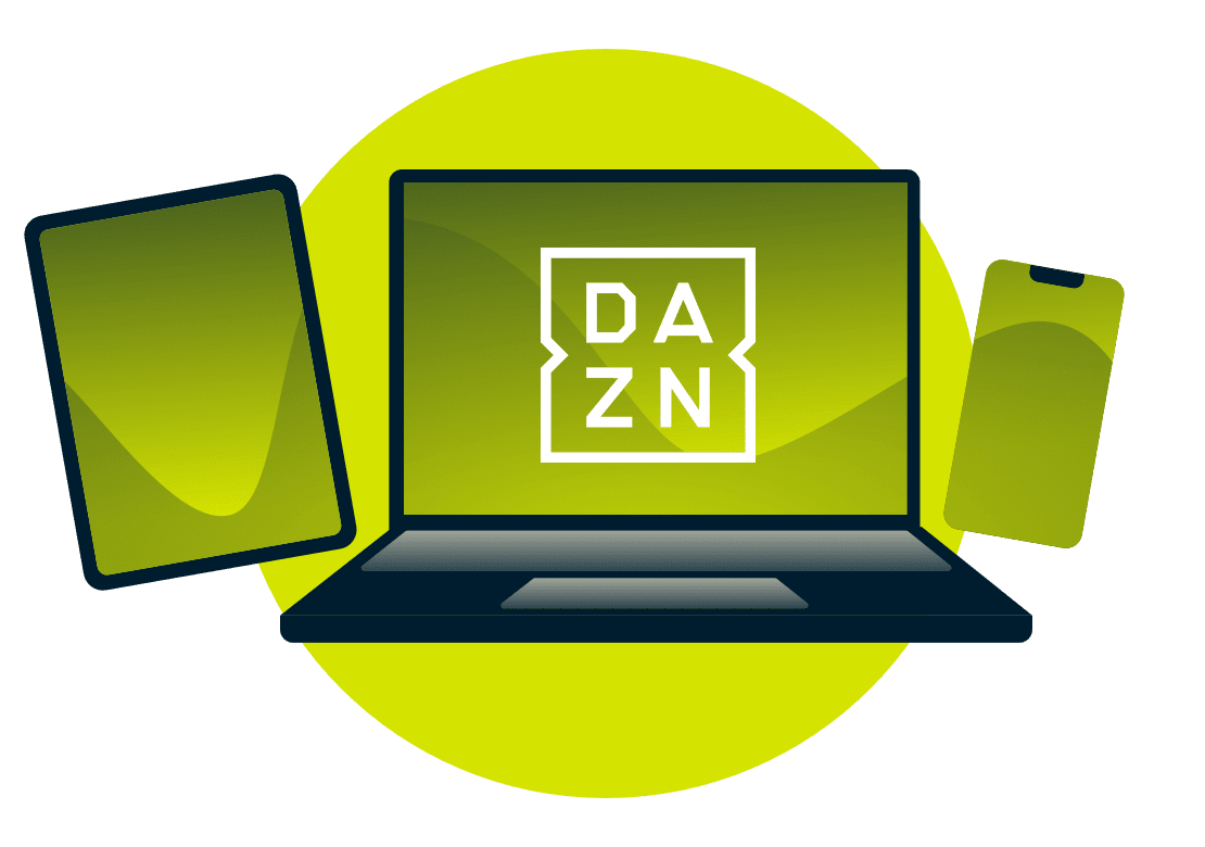 Una laptop, una tablet y un tel&eacute;fono con el logotipo de DAZN.
