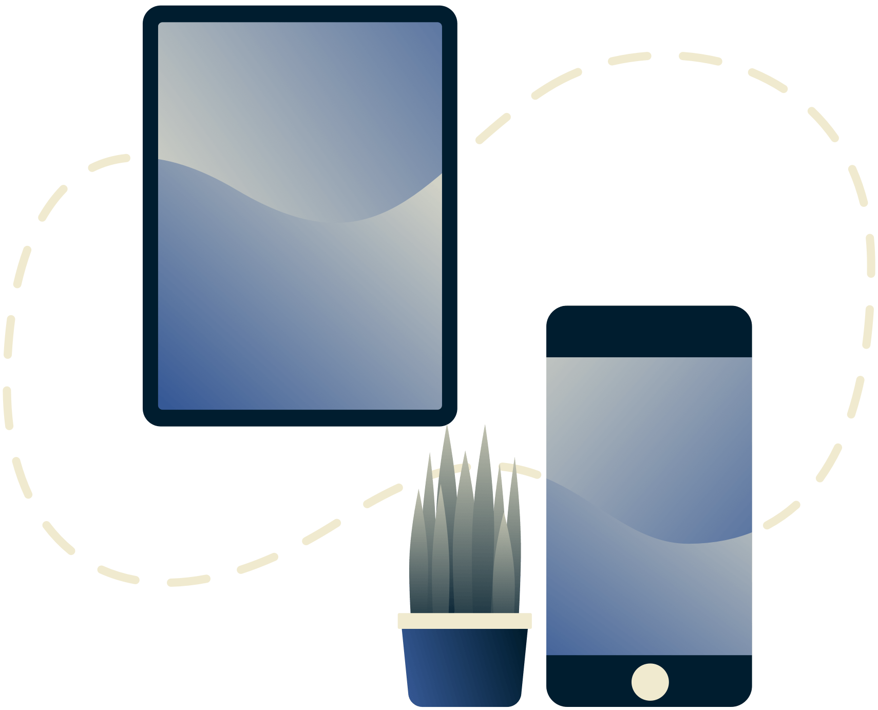 Une tablette et un appareil mobile reliés par une ligne en pointillés.