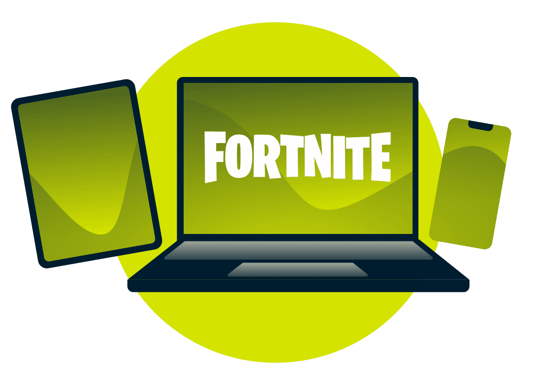 &Ccedil;eşitli cihazlar &uuml;zerinde Fortnite logosu.