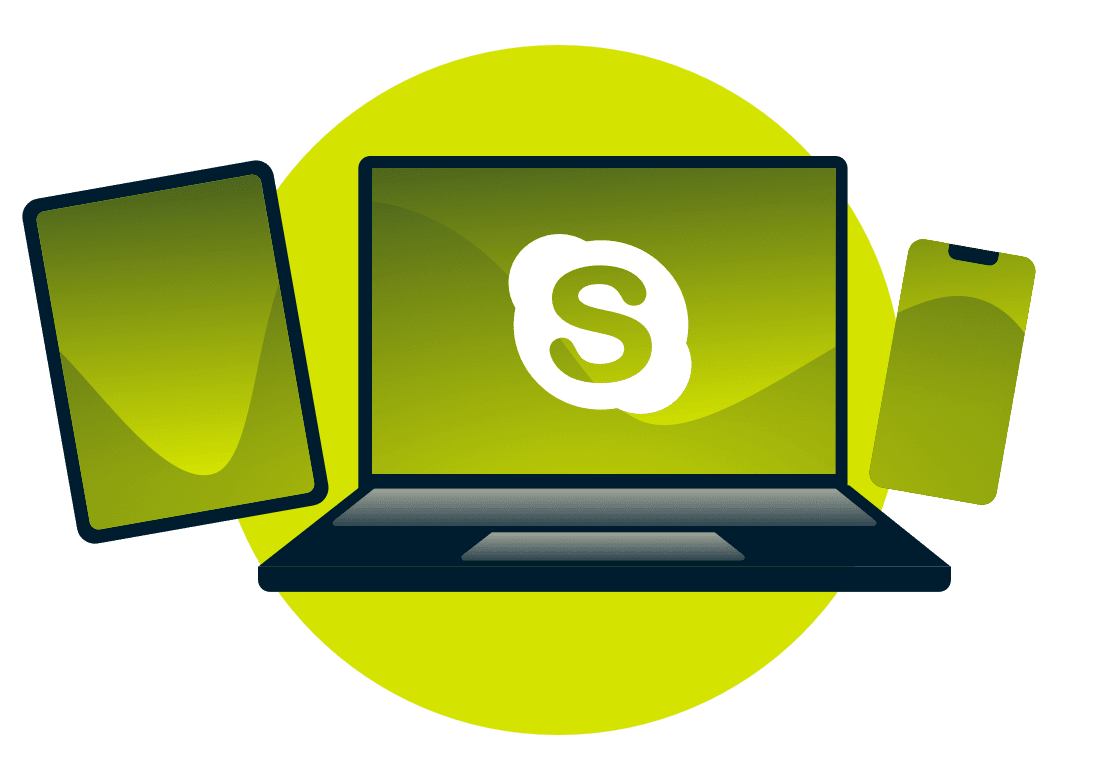 Un ordinateur portable, une tablette et un t&eacute;l&eacute;phone, avec le logo Skype.